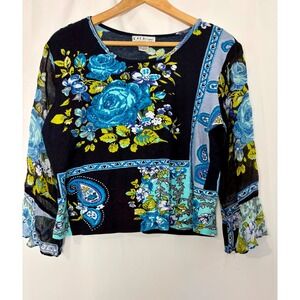 Y2K Womens XL Blue Floral Paisley Sequin Sheer Sleeve Knit Top‎ Going Out